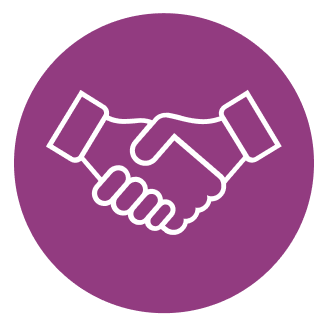 Purple circle with a white outline of two people shaking hands. Symbolising increased collaboration for salespeople and customers with sales training and leadership coaching for New Zealand and Australian companies. Measurable sales performance results from Integrity Selling® in NZ and AU.