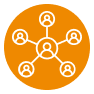 Orange circle with a person in the middle and people connected on the other edges. Symbolising interconnectedness with your clients and customers. A key feature of sales training for New Zealand and Australian businesses