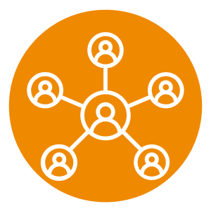 Orange circle with a person in the middle and people connected on the other edges. Symbolising interconnectedness with your clients and customers. A key feature of sales training and leadership coaching for New Zealand and Australian businesses. Measurable sales performance results from Integrity Selling® in NZ and AU.